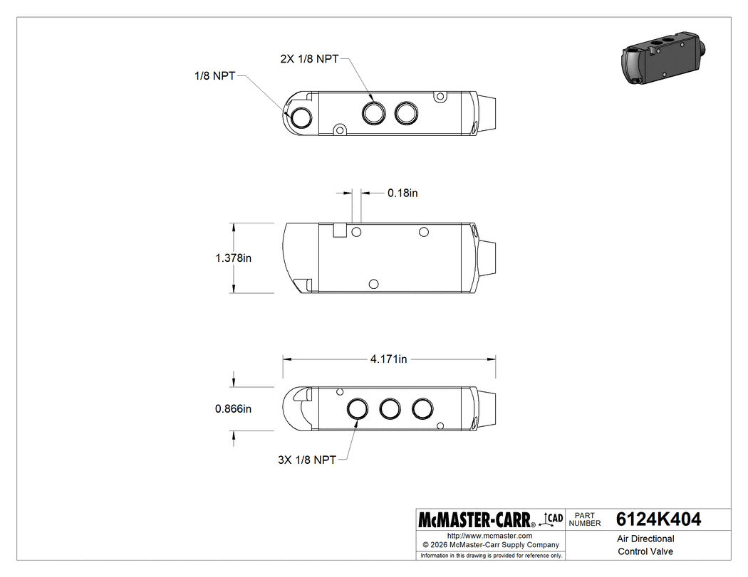 Technical Drawing of Air Directional Control Valve, Air-Operated, Spring Return, 1/8 NPT.